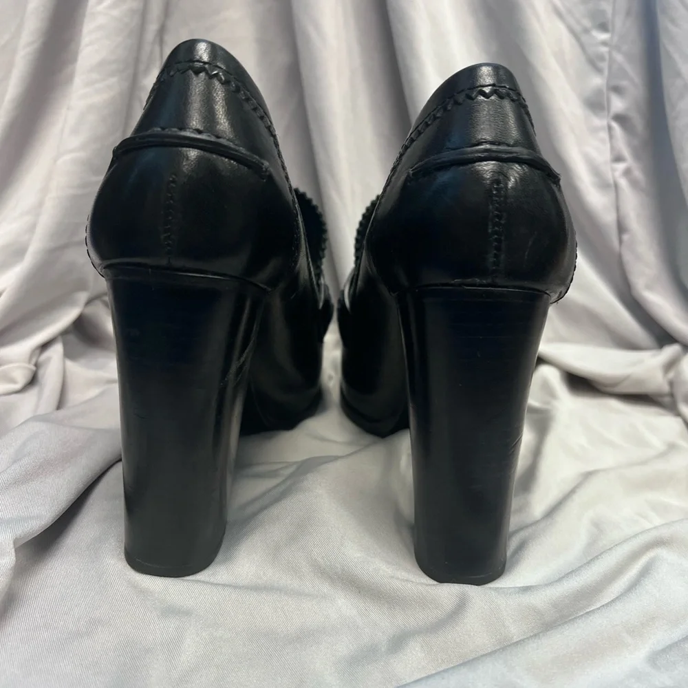 Tory Burch Black Leather Block Heel Loafers with Gold Accent